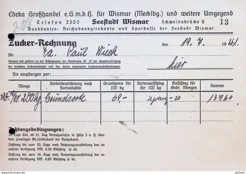EDEKA Grosshandel in Wismar i. Mecklenburg , 1941 , Fa. P. Wieck , Zucker , alte Rechnung , Reklame / Werbung !!