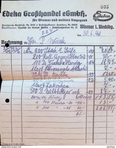 EDEKA Grosshandel in Wismar i. Mecklenburg , 1941 , Fa. P. Wieck , alte Rechnung , Reklame / Werbung !!