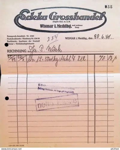 EDEKA Grosshandel in Wismar i. Mecklenburg , 1941 , Fa. P. Wieck , alte Rechnung , Reklame / Werbung !!