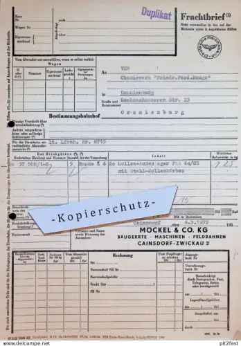 Frachtbrief - Feldbahn Cainsdorf b. Zwickau , Ewald Möckel , 1959 , Chemiewerk Oranienburg , Reichsbahn