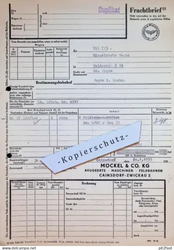 Frachtbrief - Maschinenfabrik Cainsdorf b. Zwickau , Ewald Möckel , 1959 , Ziegelwerk Pegau - Weiderode , Reichsbahn