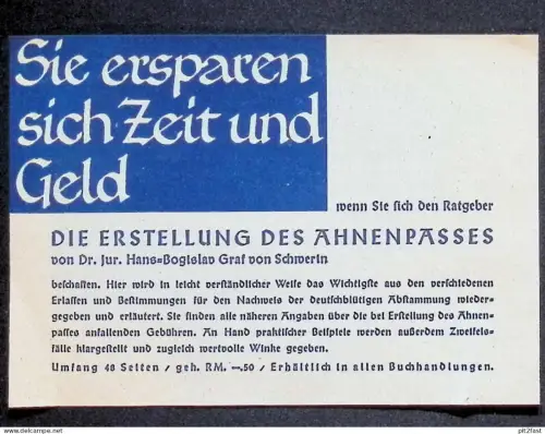 Erstellung von Ahnenpass - Dr. Graf von Schwerin , Ahnenbuch , Chronik , Stammbaum , Reklame !!