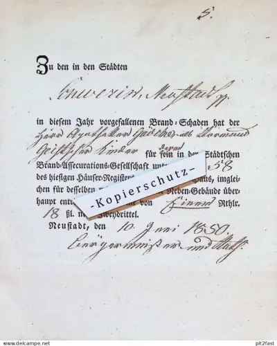 Neustadt i. Mecklenburg , 1850 , Feuer , Brandschaden , Häuser-Register , altes Dokument !!