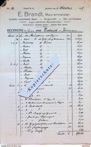 Maurermeister - E. Brandt in Jarmen i. Mecklenburg , 1927 , Bau , Maurer , alte Rechnung / Dokument !!