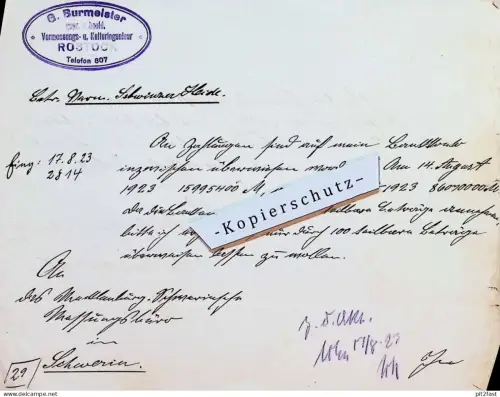 Vermessungs- und Kulturingenieur , G. Burmeister in Rostock , 1923 , alte Rechnung / Dokument !!