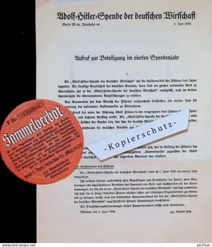Sammelverbot für SA , SS , NSDAP , HJ , BDM , NS , 1937 Adolf Hitler Spende der deutschen Wirtschaft , mit Plakette !!