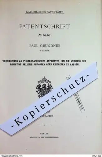 original Patent - Paul Grundner , Hamburg | 1879 | Photographischer Apparat | Kamera , Fotoapparat , Photography , Foto