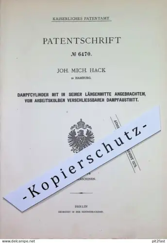 original Patent - Joh. Mich. Hack , Hamburg | 1879 | Dampfzylinder | Dampfmaschine , Motor , Motoren