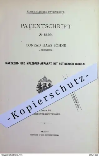 original Patent - Conrad Haas Söhne , Mannheim | 1878 | Malzkeimapparat + Malzdarrapparat | Malz , Maische , Darre !