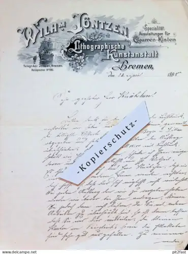 Litographische Kunstanstalt in Bremen - Wilhelm Löntzen , 1898 , 3-seitiges Dokument , Cigarren Kisten !!