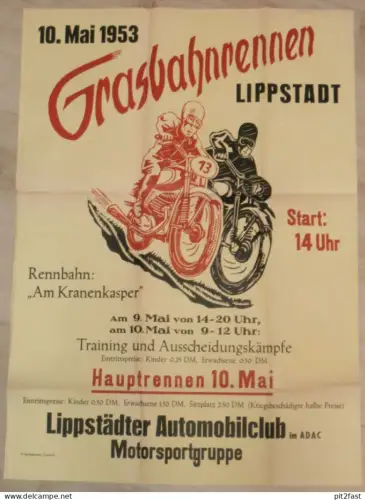 Plakat – 3. Grasbahnrennen Lippstadt 10.05.1953 , Grasbahn , Speedway , Rennsport , Motorsport , Motorradrennen , ADAC !