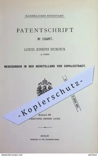 original Patent - Louis Joseph Duroux , Paris , Frankreich | 1880 | Herstellung von Copalextrakt | Öl Firnis , Terpentin