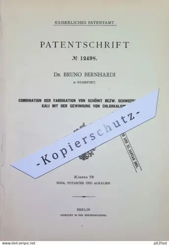 original Patent - Dr. Bruno Bernhardi , Stassfurt | Fabrikation von Schönit u. Kali | Chlorkalium , Schwefelsäure Säure