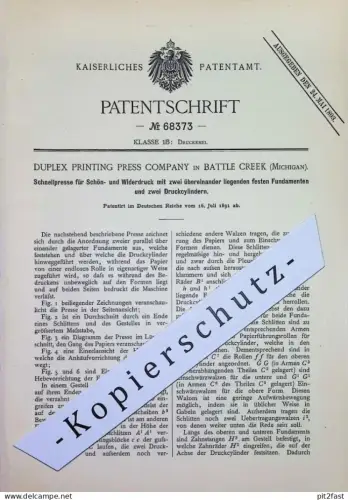 original Patent - Duplex Printing Press Company , Battle Creek , Michigan , USA | 1891 | Druck - Schnellpresse | Presse