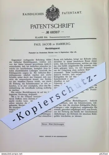original Patent - Paul Jacob , Hamburg | 1892 | Bierkühlapparat | Bier , Kühlung , Kühlschrank , Zapfanlage