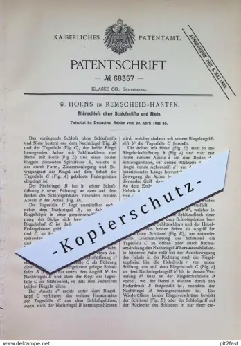 original Patent - W. Horns , Remscheid Hasten | 1892 | Türschloss ohne Schlossstifte & Niete | Tür Schloss | Schlosserei