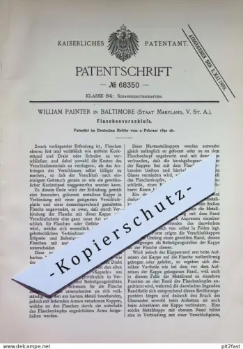 original Patent - William Painter , Baltimore , Staat Maryland , USA | 1892 | Flaschenverschluss | Flaschen - Verschluss