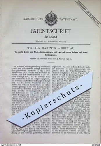 original Patent - Wilhelm Hartwig , Breslau , Polen | 1892 | Maschine mit Gleichstrom u. Wechselstrom | Strom , Elektrik