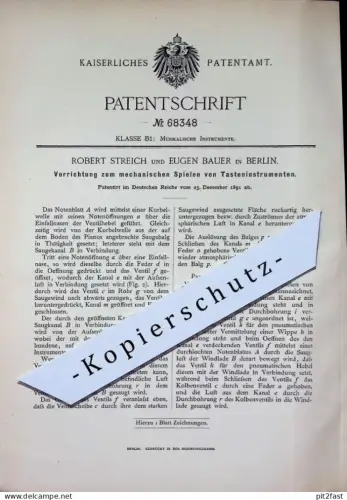 original Patent - Robert Streich , Eugen Bauer , Berlin | 1891 | mechanische Tasteninstrumente | Musikinstrument Klavier