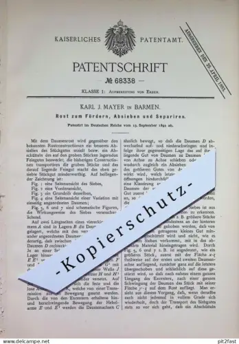 original Patent - Karl J. Mayer , Barmen | 1892 | Rost zum Fördern , Absieben u. Separieren | Sieb | Erz , Erze