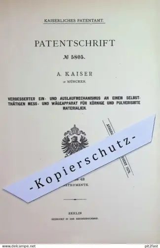 original Patent - A. Kaiser , München | 1878 | Apparat zum Messen u. Wiegen von Pulver , Körner | Waage | Getreide
