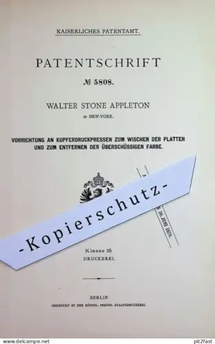 original Patent - Walter Stone Appleton , New York USA | 1878 | Kupferdruckpresse | Kupfer - Druckpresse , Druck Presse