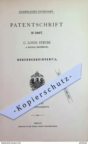 original Patent - C. Louis Strube , Magdeburg / Buckau | 1878 | Druckreduzierventil | Ventil , Ventile , Maschinen Motor