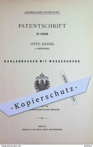 original Patent - Otto Hassel , Heidelberg | 1878 | Kohlenbecken mit Wasserabzug | Kohle waschen | Kohlen , Wasserbecken