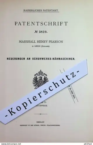original Patent - Marshall Henry Pearson , Leeds England | 1878 | Schuhwerk - Nähmaschine | Schuhe , Schuster , Stiefel