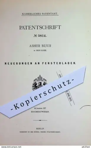 original Patent - Asher Bijur , New York , USA | 1878 | Fensterladen | Fenster - Laden | Jalousie , Fensterbauer