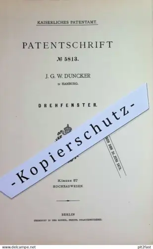 original Patent - J. G. W. Duncker , Hamburg | 1878 | Drehfenster | Fenster , Fensterflügel , Zarge , Fensterbauer |