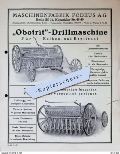 Maschinenfabrik Podeus AG , 1925 , "Obotrit" Drillmaschine , alte Reklame / Werbung , Wismar , Berlin !!