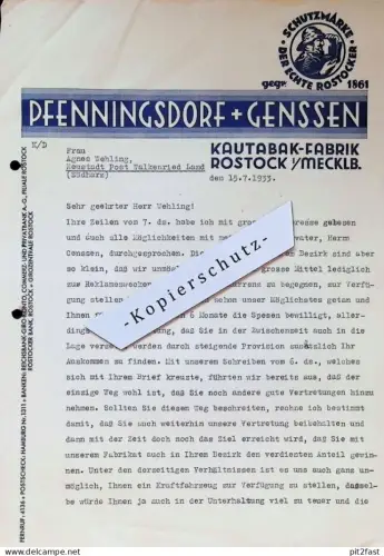 Kautabak-Fabrik Pfenningsdorf & Genssen in Rostock i. Mecklenburg , 1933 , A. Wehling in Neustadt b. Walkenried !!