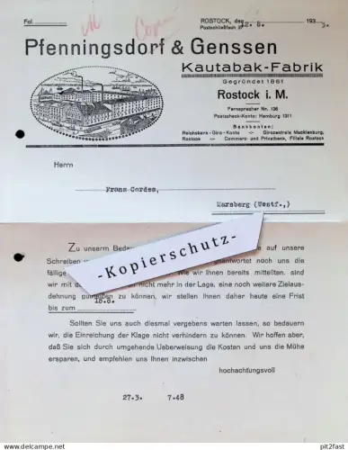Kautabak-Fabrik Pfenningsdorf & Genssen in Rostock i. Mecklenburg , 1933 , Franz Cordes in Marsberg i. Westf. , Dokument