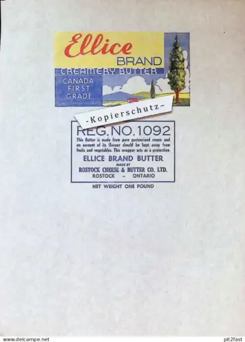 Rostock Cheese & Butter - Ellice Brand Butter , Rostock - Ontario ,ca. 1930 ,altes Butterbrotpapier , Canada first Grade