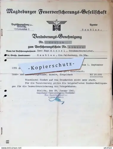 Genehmigung - Hugo Kinzel in Gaablau b. Waldenburg ,1941, Görlitz , Versicherung , Jabłów , Alt Reichenau altes Dokument