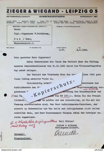 Zieger & Wiegand in Leipzig , 1943 , W. Schönberg in Buß / Bousse a. Saar , altes Dokument !