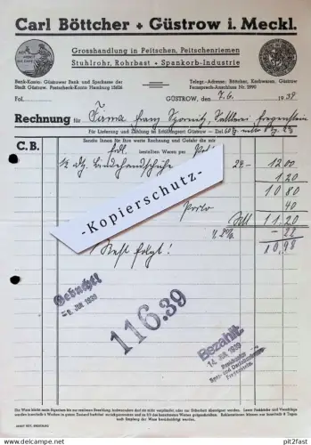 Peitschen und Rohrbast - Carl Böttcher in Güstrow i. Mecklenburg , 1939 , alte Rechnung !