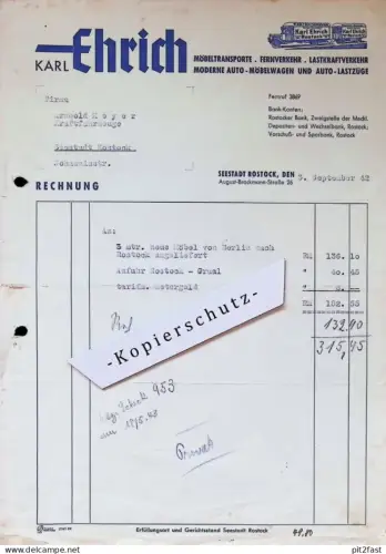 Möbeltransporte - Karl Ehrich in Rostock i. Mecklenburg , 1942 , Graal , altes Dokument !!