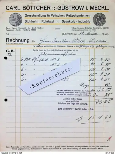 Peitschen und Rohrbast - Carl Böttcher in Güstrow i. Mecklenburg , 1932 , J. Wieck in Wismar , alte Rechnung !