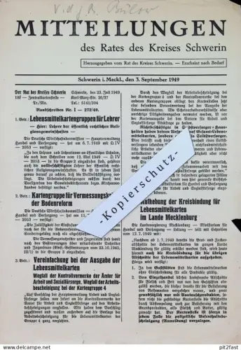 Rat des Kreises Schwerin - 1949 - Flugblatt / Mitteilungen , Lebensmittelkarten , Bodenreform , Bezugscheine , Industrie
