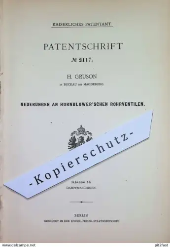 original Patent - H. Gruson , Magdeburg | 1878 | Rohrventil von Hornblower | Ventil , Rohr , Rohre , Klempnerei