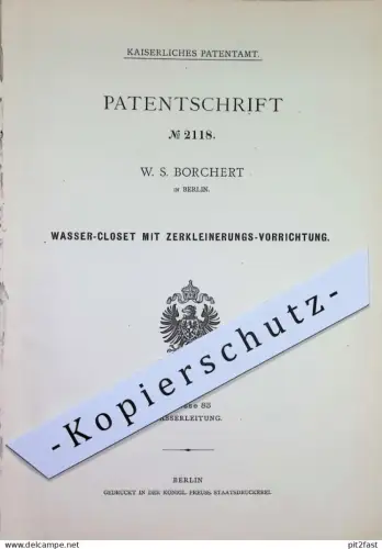 original Patent - W. S. Borchert , Berlin | 1877 | Wasser Closet | WC , Toilette , Bad , Spülung , Abort , Wasserleitung