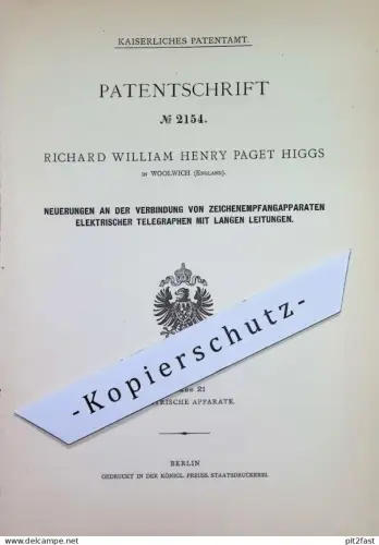 original Patent - Richard William Henry Paget Higgs , Woolwich , England | 1877 | elektrische Telegraphen | Strom !