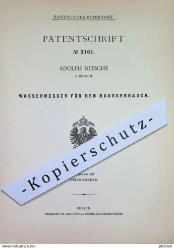 original Patent - Adolph Nitsche , Berlin | 1877 | Wassermesser für den Hausgebrauch | Wasseruhr , Zählwerk , Uhrwerk