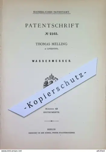 original Patent - Thomas Melling , Liverpool , England | 1878 | Wassermesser | Wasseruhr | Uhrwerk , Wasser - Zählwerk