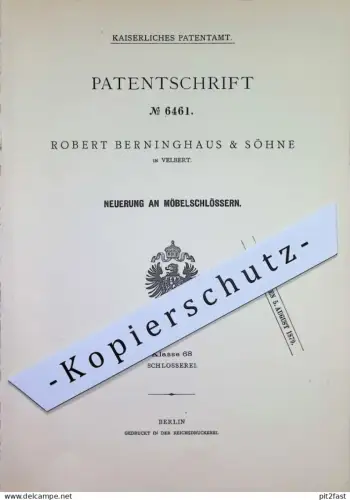 original Patent - Robert Berninghaus & Söhne , Velbert | 1879 | Möbelschloss | Möbel - Schloss | Verschluss , Schlosser