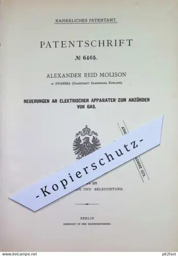 original Patent - Alexander Reid , Molison , Swansea , Glamorgan , England | 1879 | elektr. Apparat zum Anzünden von Gas