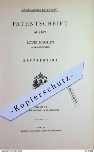 original Patent - Louis Schmidt , Braunschweig | 1879 | Kaffeereibe | Kaffee - Reibe | Coffee , Café