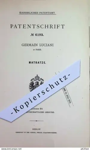 original Patent - Germain Luciani , Paris , Frankreich | 1879 | Matratze | Matratzen | Federn , Bett , Betten